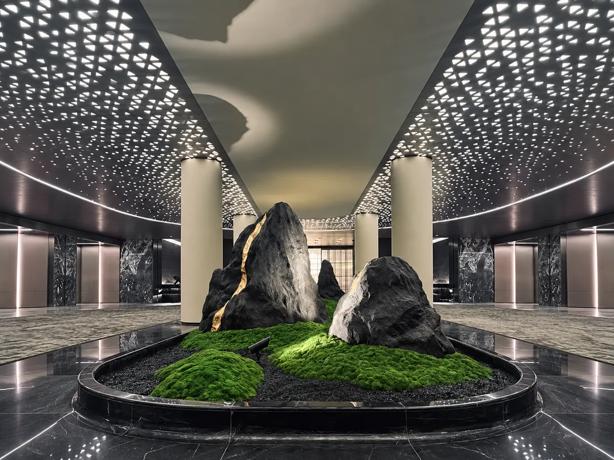 Botanical display in basement parking — view 1